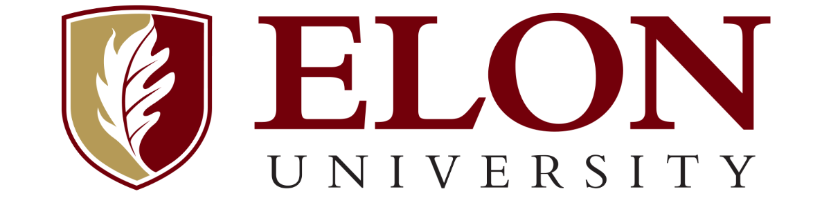 Elon University logo featuring a maroon and gold shield with a stylized white phoenix feather on the left, and the words 'ELON UNIVERSITY' in large maroon and black serif text to the right.