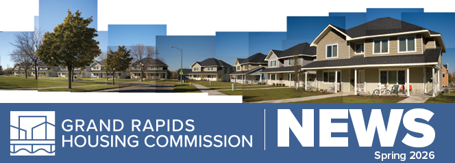 Grand Rapids Housing Commission News, Spring 2026, and photo collage of Campau Commons duplex units